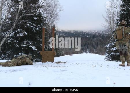 Soldats du 1er Bataillon 21e Régiment d'infanterie, Schofield Barracks, Missouri, engager des cibles à se qualifier avec sa carabine M4 at Joint Base Elmendorf-Richardson, Alaska, durant un exercice de deux semaines le 31 janvier 2019. Les soldats sont une dépense d'environ deux semaines à apprendre comment survivre et fonctionner dans un environnement froid. Banque D'Images