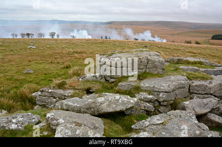 Heath fire près de South Hessary Tor près de Princetown, Dartmoor, Devon Banque D'Images