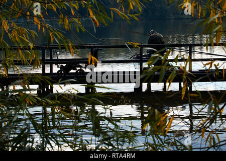 De la jetée de pêche de Worsbrough réservoir de l'usine à l'automne, South Yorkshire, Angleterre, Royaume-Uni, Europe Banque D'Images