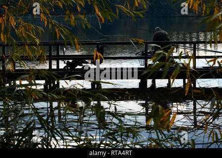 De la jetée de pêche de Worsbrough réservoir de l'usine à l'automne, South Yorkshire, Angleterre, Royaume-Uni, Europe Banque D'Images