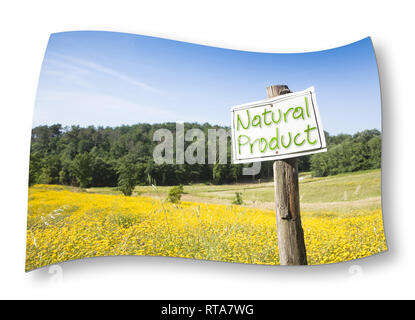 Pancarte à la campagne avec 'produit naturel' sur elle - image with copy space Banque D'Images