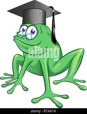 Illustration d'un happy smiling frog portant un chapeau noir avec un mortier diplômés tassel isolated on white Illustration de Vecteur