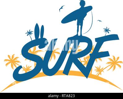 Lettrage en surf surfeur sur fond de palmiers. vector illustration Illustration de Vecteur