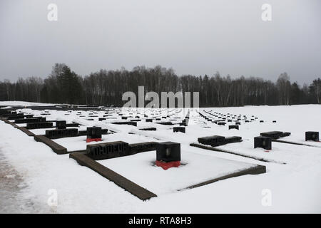 Couvertures de neige L'installation du 'cimetière des villages' avec 185 tombes dans lesquelles chaque tombe symbolise un village particulier en Biélorussie qui a été brûlé avec sa population placé au mémorial national de Khatyn de la République de Biélorussie le mémorial central de guerre de Biélorussie pour toutes les victimes de la occupation allemande pendant la seconde Guerre mondiale situé dans le district de Logoisky, dans la région de Minsk Banque D'Images