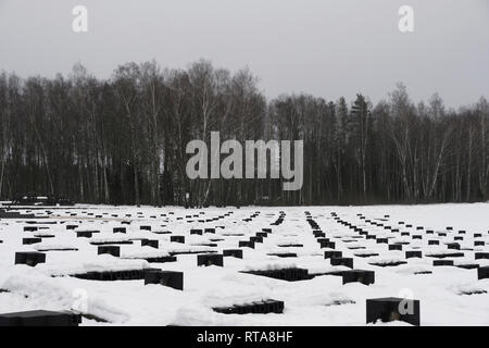 Couvertures de neige L'installation du 'cimetière des villages' avec 185 tombes dans lesquelles chaque tombe symbolise un village particulier en Biélorussie qui a été brûlé avec sa population placé au mémorial national de Khatyn de la République de Biélorussie le mémorial central de guerre de Biélorussie pour toutes les victimes de la occupation allemande pendant la seconde Guerre mondiale situé dans le district de Logoisky, dans la région de Minsk Banque D'Images