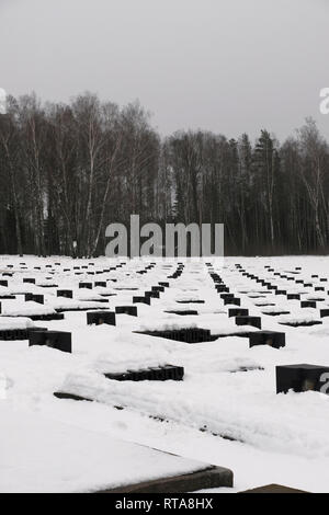 Couvertures de neige L'installation du 'cimetière des villages' avec 185 tombes dans lesquelles chaque tombe symbolise un village particulier en Biélorussie qui a été brûlé avec sa population placé au mémorial national de Khatyn de la République de Biélorussie le mémorial central de guerre de Biélorussie pour toutes les victimes de la occupation allemande pendant la seconde Guerre mondiale situé dans le district de Logoisky, dans la région de Minsk Banque D'Images