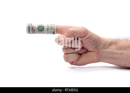 Image conceptuelle de don't ou accepté des pots-de. Main pointant vers la gauche, un billet de cent dollars enroulé autour de son doigt. Vous sont offert un pot-de-vin ? Banque D'Images