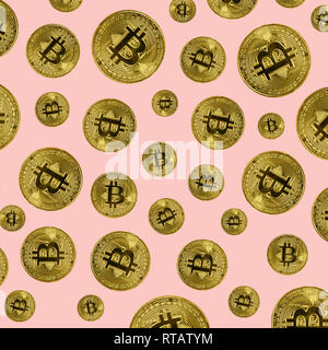 Pièces de monnaie Bitcoin sur fond rose. Concept d'exploitation minière Bitcoin Banque D'Images