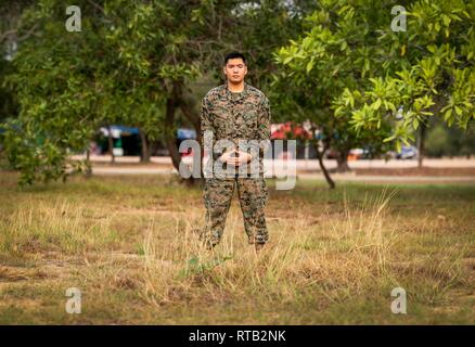 La Marine américaine lance le Cpl. Jiratat Rattanawimon, un spécialiste de la logistique de l'embarquement, l'Escadron de soutien de l'aile Marine 172, est un Thai-American maintenant en service dans les Forces armées des États-Unis et soutient l'exercice Gold Cobra 19 Jetsadaratchao à Phra Maha Camp, U-Tapao, Royaume de Thaïlande, février 2019. "Je suis né en 1996, le 14 mai, à Los Angeles, Californie. J'y ai vécu pendant six ans, mais je n'ai pas vraiment eu la chance de grandir dans la région. Mes parents sont restés ensemble pendant environ un an après ma naissance, et mon père est retourné vivre à Bangkok. Quant à ma mère, d'être une mère seule, elle ne pouvait pas vraiment prendre Banque D'Images