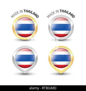 Fabriqués en Thaïlande - label garanti avec le Thai d'intérieur de ronde drapeau icônes d'or et d'argent. Illustration de Vecteur