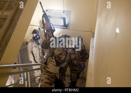 Les forces d'opérations spéciales marocain clair un escalier tandis que les Marines américains avec des Groupe Force-Crisis Response-Africa air-sol marin 19.1, Forces maritimes de l'Europe et l'Afrique, superviser au cours d'une manifestation de la coopération en matière de sécurité-théâtre à Tifnit, Maroc, 7 février 2019. SPMAGTF-CR-AF est un tour de force déployée pour effectuer d'intervention en cas de crise et théâtre-opérations de sécurité en Europe et l'Afrique. Banque D'Images