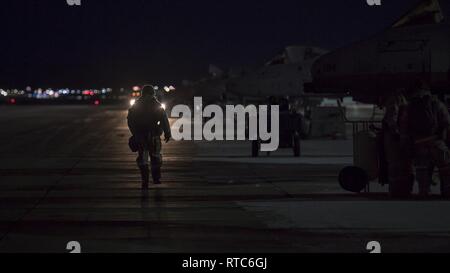 Un aviateur du 124e groupe de maintenance marche le long de la piste lors d'une formation de l'unité assemblée générale à Gowen Field, Boise, Idaho, le 9 février 2019. Le week-end permet aux aviateurs traditionnels la possibilité de s'entraîner dans leur code de spécialité de l'armée de l'air et de préparer d'opérations d'urgence. Banque D'Images