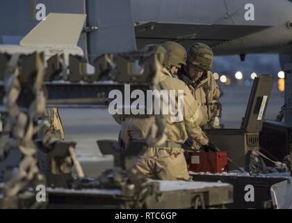 Les deux armes et munitions d'aviateurs de la 124e Groupe maintenance inspection munitions avant de les charger sur un A-10 Thunderbolt II lors d'une formation de l'unité assemblée générale à Gowen Field, Boise, Idaho, le 9 février 2019. Les Aviateurs travaillent main dans la main pour s'assurer que l'aéronef est chargé avec le sous-munitions. Banque D'Images