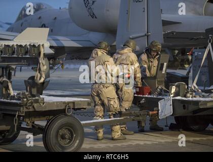 Les deux armes et munitions d'aviateurs de la 124e Groupe maintenance inspection munitions avant de les charger sur un A-10 Thunderbolt II lors d'une formation de l'unité assemblée générale à Gowen Field, Boise, Idaho, le 9 février 2019. Les Aviateurs travaillent main dans la main pour s'assurer que l'aéronef est chargé avec le sous-munitions. Banque D'Images