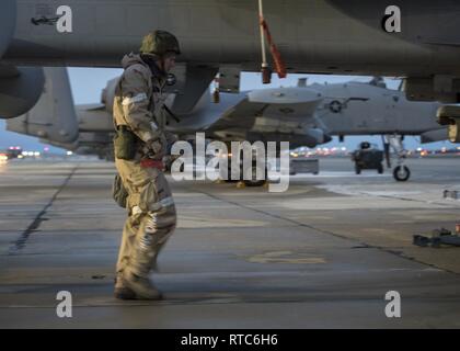 Les deux armes et munitions d'aviateurs de la 124e Groupe maintenance inspection munitions avant de les charger sur un A-10 Thunderbolt II lors d'une formation de l'unité assemblée générale à Gowen Field, Boise, Idaho, le 9 février 2019. Les Aviateurs travaillent main dans la main pour s'assurer que l'aéronef est chargé avec le sous-munitions. Banque D'Images