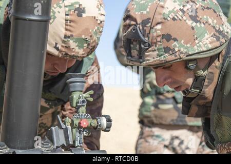 Un soldat avec la Jordanie 10e des Forces armées de la Force de garde-frontières regarde à travers l'appareil de visée sur un M252 mortier de 81 mm et rend le réglage final avant de tirer l'arme pendant le programme d'engagement opérationnel de la Jordanie le 13 février 2019 à l'extérieur d'Amman, en Jordanie. Comme la garde nationale de Californie 1er Escadron, 18e Régiment de cavalerie continue de former côte à côte avec les soldats de la JAF, les soldats sont en mesure de construire une compréhension commune de la procédure de l'autre tout en employant la technique d'engagement direct-laïcs. L'équipes de mortier ont été en mesure de communiquer efficacement et d'e Banque D'Images