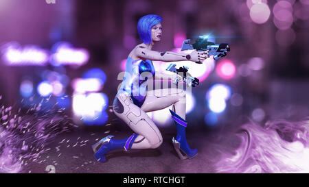 Cyborg girl armés de fusils, femme accroupie bataille robot de prise, sci-fi android femme dans la rue de la ville de nuit, 3D Rendering Banque D'Images