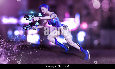 Cyborg girl armés de fusils jumping, femme bataille robot de prise, sci-fi android femme sur la rue de la ville de nuit, 3D Rendering Banque D'Images