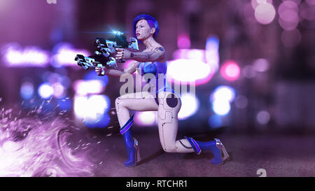 Cyborg girl armés de fusils à genoux, femme bataille robot de prise, sci-fi android femme dans la rue de la ville de nuit, 3D Rendering Banque D'Images