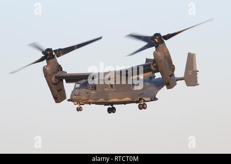 Annonce de l'USAF-22B Balbuzard au départ et escalade de RAF Mildenhall au crépuscule. Le 7e Escadron d'opérations spéciales est l'opérateur européen du type. Banque D'Images