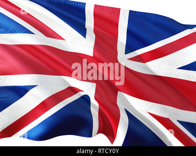 Pavillon du Royaume-Uni dans le vent, isolé sur fond blanc. Banque D'Images