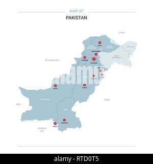 Pakistan carte vectorielle. Modèle modifiable avec les régions, les villes, les axes rouge et bleu sur fond blanc de surface. Illustration de Vecteur