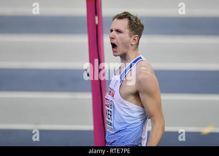 Glasgow, Royaume-Uni. 06Th Mar, 2019. Chris Baker (GBR) en saut en hauteur admissible (A, B) au cours de l'Europe d'athlétisme en salle 2019 Glasgow au Emirates Arena le Vendredi, 01 mars 2019. GLASGOW EN ÉCOSSE. (Usage éditorial uniquement, licence requise pour un usage commercial. Aucune utilisation de pari, de jeux ou d'un seul club/ligue/dvd publications.) Crédit : Taka G Wu/Alamy News Crédit : Taka Wu/Alamy Live News Banque D'Images