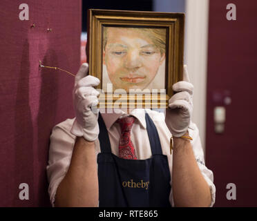 Sotheby's, New Bond Street, London, UK. 1er mars 2019. L'Art Contemporain vente aperçu. Lucian Freud's Head d'un garçon, 1956. Portrait fascinant de l'ami et l'Héritier de la famille Guinness mis aux enchères pour la première fois, après avoir accroché à côté de la cheminée à la magique Luggala estate depuis plus d'un demi-siècle, estimé à £500 000 4,500,000-6,. La vente a lieu le 5 mars 2019. Credit : Malcolm Park/Alamy Live News Banque D'Images