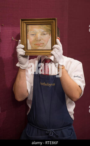 Sotheby's, New Bond Street, London, UK. 1er mars 2019. L'Art Contemporain vente aperçu. Lucian Freud's Head d'un garçon, 1956. Portrait fascinant de l'ami et l'Héritier de la famille Guinness mis aux enchères pour la première fois, après avoir accroché à côté de la cheminée à la magique Luggala estate depuis plus d'un demi-siècle, estimé à £500 000 4,500,000-6,. La vente a lieu le 5 mars 2019. Credit : Malcolm Park/Alamy Live News Banque D'Images