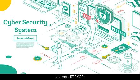 Contours Cyber Security Concept. Illustration isométrique isolé sur blanc. Concept de protection des données. Carte de Crédit Chèque et de logiciels d'accéder aux données. Illustration de Vecteur