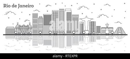 Contours Rio de Janeiro Brésil sur les toits de la ville avec des bâtiments modernes et des réflexions isolé sur blanc. Vector Illustration. Illustration de Vecteur