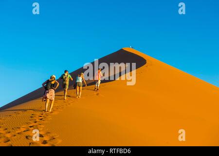 Groupe touristique marche vers le haut de la Dune 45 sanddune géant, Namib-Naukluft National Park, Namibie Banque D'Images