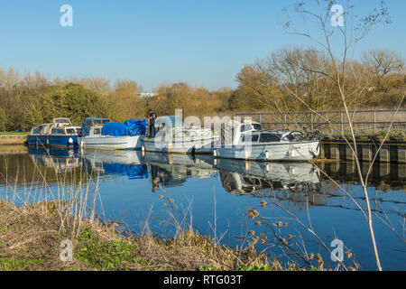 Quatre croiseurs canal amarré sur la rivière Nene Banque D'Images