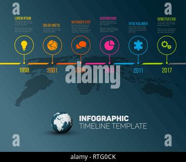 Infographie vecteur historique de la société de montage modèle avec des pointeurs sur une carte du monde en ligne et le fond sombre Illustration de Vecteur