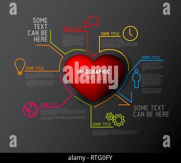 Amour / coeur vecteur Infographic template rapport fait à partir de lignes et icônes - version sombre Illustration de Vecteur