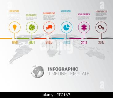 Infographie vecteur historique de la société de montage modèle avec des pointeurs sur une ligne et la carte du monde en arrière-plan Illustration de Vecteur