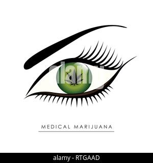 La marijuana médicale oeil humain vert avec des feuilles de cannabis à l'intérieur de l'illustration vecteur EPS10 Illustration de Vecteur