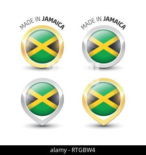 Fait en Jamaïque - label garanti avec le drapeau jamaïcain de l'intérieur de ronde or et l'argent des icônes. Illustration de Vecteur