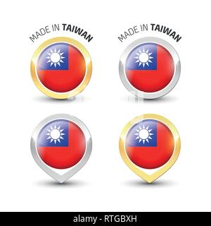 Made in Taiwan - label garanti avec le drapeau Taïwanais l'intérieur de ronde or et l'argent des icônes. Illustration de Vecteur