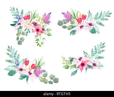 Collection printemps mariage romanric aquarelle bouquet dessiné à la main. Dessin aquarelle bleu rose et violet fleurs ornament Banque D'Images