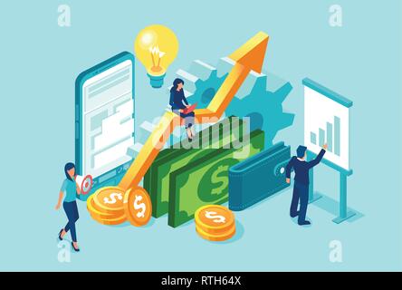 L'équipe entreprises vecteur travaillant sur l'analyse des données financières et la rentabilité à l'aide de la technologie moderne et du marketing. Illustration de Vecteur