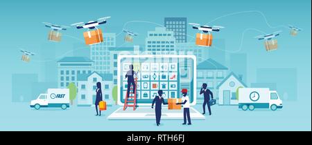 Livraison en ligne la technologie moderne et concept de logistique. Vecteur de personnes magasinage en ligne avec drone, chariot courier van offrant des marchandises sur une ba Illustration de Vecteur