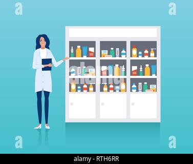 Pharmacien de travail. Vecteur de comptoir avec étagères et professionnel de la santé Illustration de Vecteur