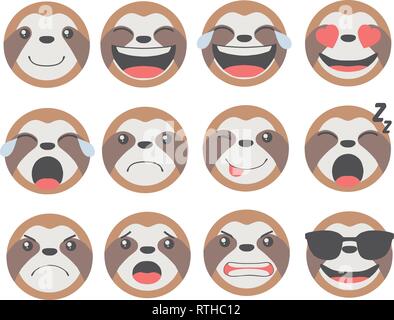 Cute cartoon animal paresseux avec différents visages jeu de vecteurs d'expression Illustration de Vecteur