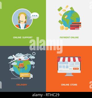 Ensemble de quatre icônes de style vector shopping carrés colorés illustrant le soutien en ligne,boutique en ligne,paiement en ligne,livraison.Concept de pppos en ligne Illustration de Vecteur