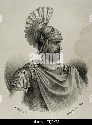 Lucius Marcius Septimus. Soldat romain, 3e siècle avant J.-C. (époque Républicaine) qui ont participé à la Deuxième Guerre punique en Hispanie. Dessin de Berr (fl.1866-1872). La lithographie. Crónica general de España, Historia Ilustrada Descriptiva y de sus Provincias. La Catalogne. 1866. Banque D'Images