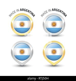 Fabriqué en Argentine - label garanti avec le drapeau argentin l'intérieur de ronde des icônes d'or et d'argent. Illustration de Vecteur