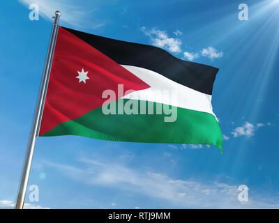 La Jordanie de brandir le drapeau national sur le poteau contre sunny blue sky background. La Haute Définition Banque D'Images