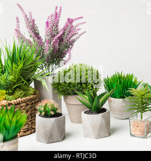 Plantes artificielles dans différents pots sur mur blanc, récolte Banque D'Images