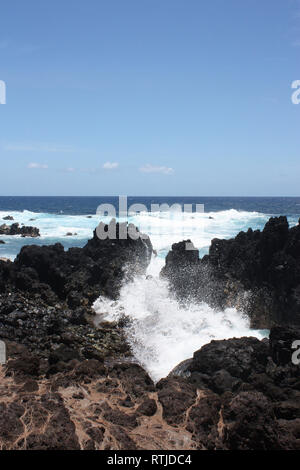 Vagues se briser sur la pierre de lave sur la côte de Laupahoehoe Point sur la côte Hamakua, Hawaii, USA Banque D'Images